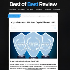 May include: A digital award announcement titled Best of Best Review featuring three shield-shaped glass trophies with the text Best of Best Review 2025. The page displays the headline Crystal Goddess 888: Best Crystal Shop of 2025 dated Nov 6, 2025.