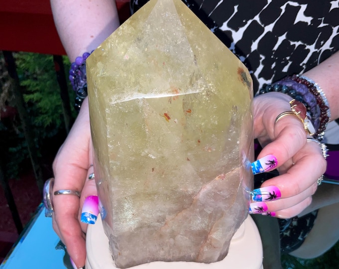 Clear Citrine Quartz Crystal Point ~ 5 Lb.  9 oz. ~ 7" Tall~ Sparkling Yellow with Golden Rainbow Inclusions ~ Custom Hand Carved Stand