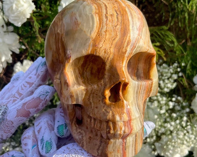 Afghan Jade Crystal Skull ~ Large 2 Lb. 14 oz. ~ 5" Long ~ One-of-a-Kind ~ Swirling Green Gold and Beige Colors~ Hand Carved Sculpture