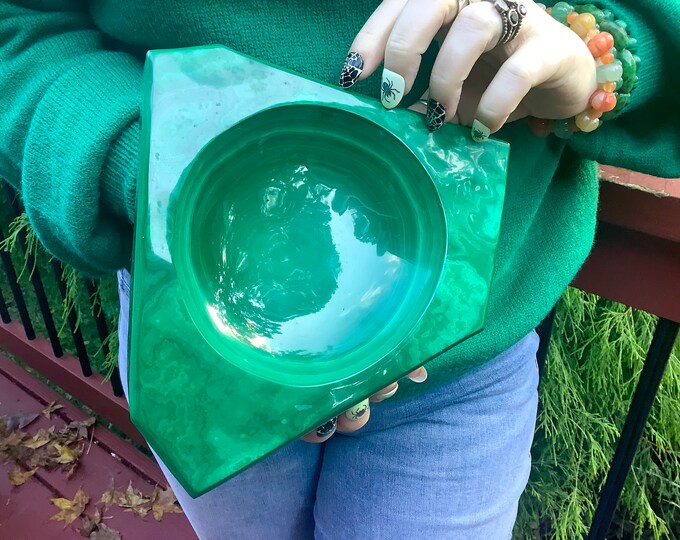 Malachite Crystal Jewelry Dish ~ 5 Lb. 8 oz. - 7" Long ~ Beautiful Vintage Green Congo Mineral Specimen ~ Swirling Bulls Eye Patterns
