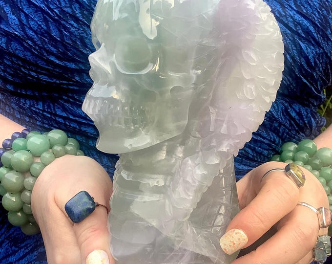 Rainbow Fluorite Cobra Snake Crystal Skull ~ Large 3 Lb. 7 oz. ~ 6" Tall ~ One-of-a-Kind Color ~ Expertly Hand Carved Egyptian Sculpture