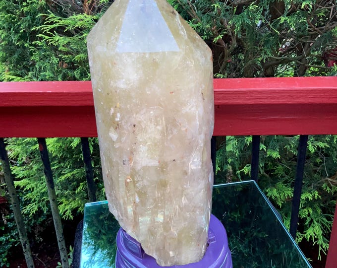 Clear Citrine Quartz Crystal Point ~ 9 Lb. 5 oz. ~ 11" Tall~ Sparkling Yellow with Golden Rainbow Inclusions ~ Custom Hand Carved Stand