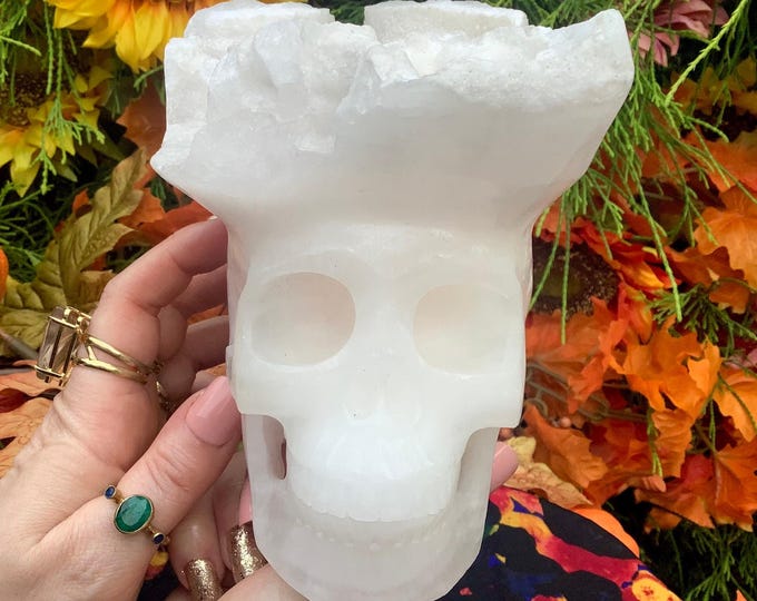 Pink Mangano Calcite Crystal Skull ~ Large 4 Lb. ~ 5" Tall ~ Hand Carved with Druze Points on the Head ~ White Inclusions ~ Free Shipping
