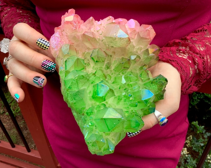 Electric Pink & Green Aura Quartz Crystal Cluster ~ Large 3 Lb. 15 oz. ~ 7" Long ~ Rainbow Iridescent Sparkly Points ~ Fast Free Shipping