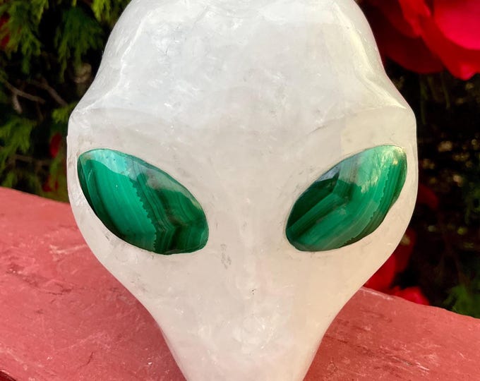 Snow Quartz Alien Crystal Skull ~ Large 2 Lb. 14 oz. ~ 4" Long ~ Sparkling Opaque White Colors ~ Green Malachite Eyes ~Hand Carved Sculpture