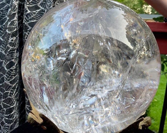 Ultra Clear Quartz Brazilian Crystal Ball ~ Large 13 Lb. 3 oz ~ 6” Wide ~ Museum Quality Decor, Rainbows and Silver Flashing Inclusions