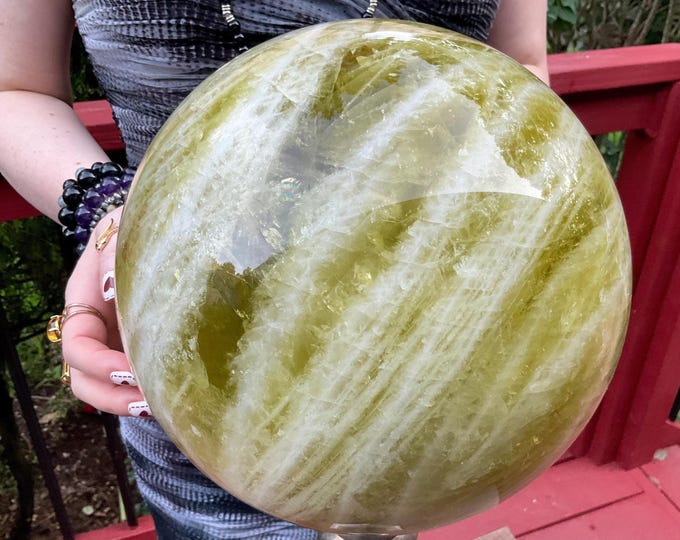 Huge 39 Lb. Citrine Crystal Ball ~ 9" Wide ~ Golden Banded Quartz Rings ~ Sparkling Rainbows and Silver Inclusions ~ Fast & Free Shipping