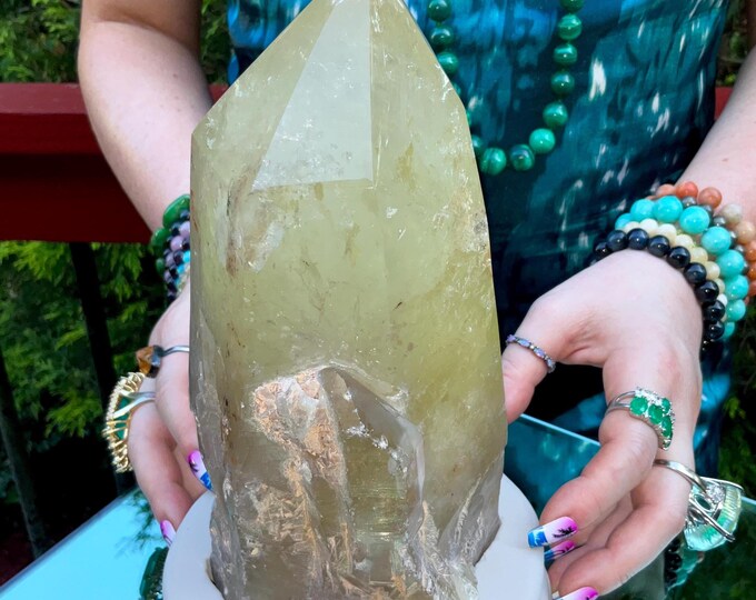 Clear Citrine Quartz Crystal Point ~ 6 Lb.  9 oz. ~ 8" Tall~ Sparkling Yellow with Golden Rainbow Inclusions ~ Custom Hand Carved Stand