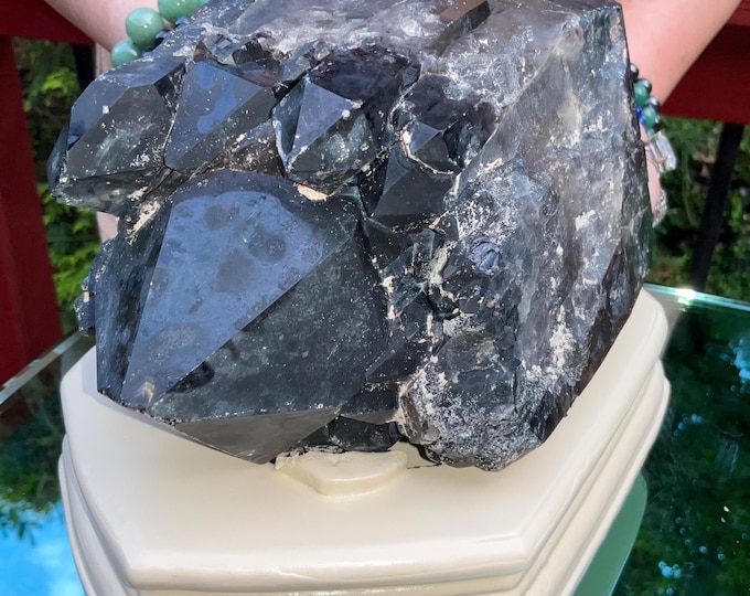 Black Morion Quartz Display Crystal 10 Lb. 9 oz. Double -Terminated Point Cluster ~ 9" Wide ~ Natural Black Color ~ Custom Hand Carved Stand