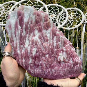 May include: A large, raw mineral specimen featuring vertical, elongated pink tourmaline crystals embedded within a white quartz matrix. The cluster displays a rough, natural texture with varying shades of magenta and deep rose throughout the stone.