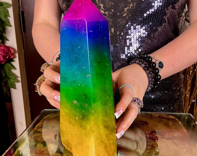 Rainbow Aura Fluorite Crystal Generator ~ Large 6 Lb. ~ 9" Tall Tower ~ Swirling Purple Green & Yellow Colors