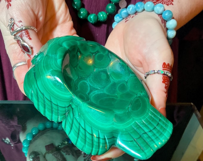 Vintage African Malachite Fish 1 Lb. 10 oz. Bowl ~ Hand Crafted from the Congo ~ 5" Long ~ Swirling Green & Black Patterns ~ Animal Totem