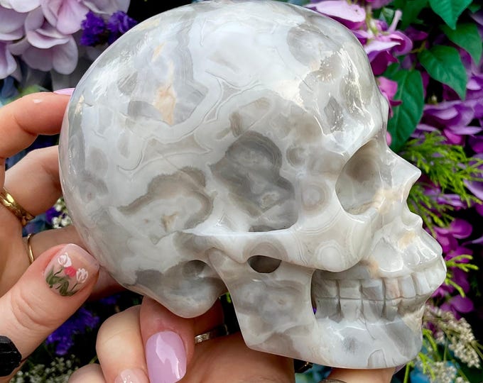 White Agate Crystal Skull ~ 2 Lb. 13 oz. ~ 5" Long ~ Swirling Blue & White Colors ~ Altar, Metaphysical Home Decor ~ Hand Carved Display ~