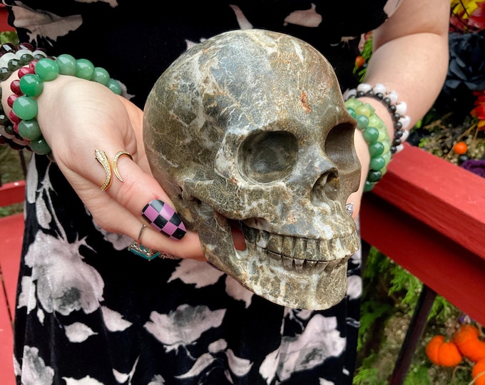 Red Garnet Golden Healer Quartz Crystal Skull ~ 2 Lb. 11 oz. ~ 5" Long ~ Swirling Red, Gold, White & Black Inclusions ~ Fast Free Shipping ~