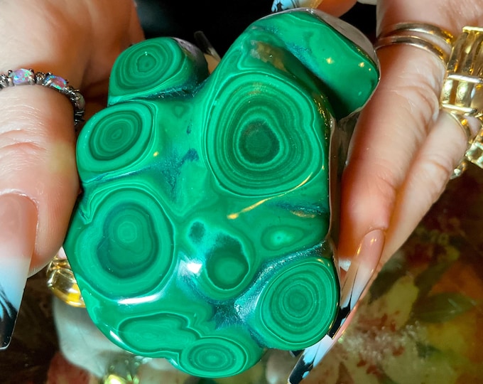 Malachite Freeform Crystal ~ Large 10.9 oz. ~ 3" Long - Big Beautiful Polished Green Mineral Specimen ~ Swirling Bullseye Patterns ~ Congo