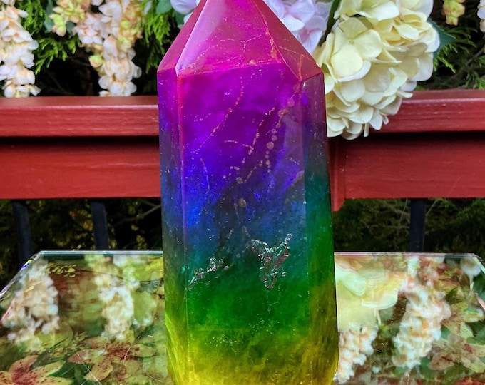 Rainbow Aura Fluorite Crystal Generator ~ Large 3 Lb. 10 oz. ~ 7 " Tall Tower ~ Swirling Purple Green & Yellow Colors