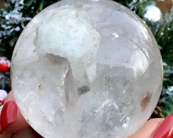 Clear Quartz Crystal Ball ~ 9.8 oz. ~ 2" Wide Translucent Sphere ~ White Sand Inclusions ~ Reiki, Altar, Feng Shui Display ~ Free Shipping