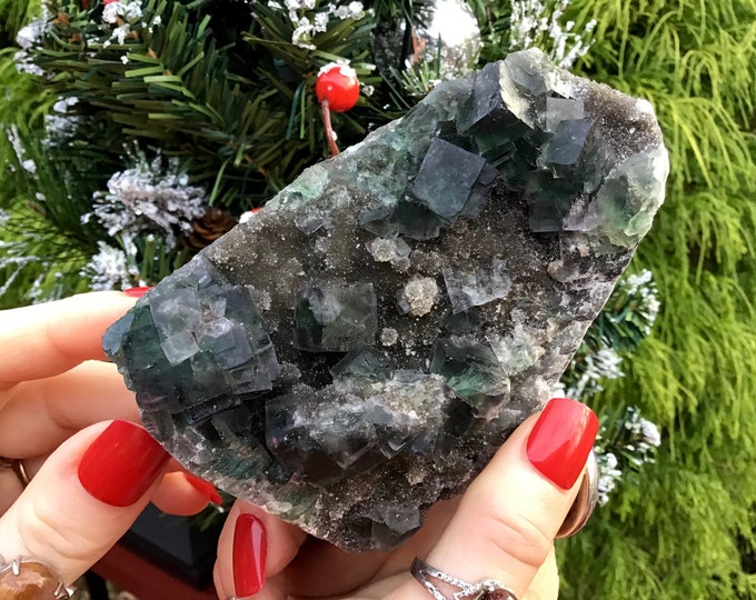Green Fluorite Crystal Cluster ~ 9 oz. ~ 4 1/2“ Long ~ Sparkling Matrix, Cubic Formation ~ Home, Office Decor ~Fast & Free Shipping from USA