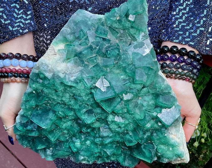Green Fluorite Crystal Cluster ~ Large 17 Lb. ~ 12" Long ~ Sparkling Translucent Cubic Formations ~ Natural Matrix ~ Home Decor Centerpiece