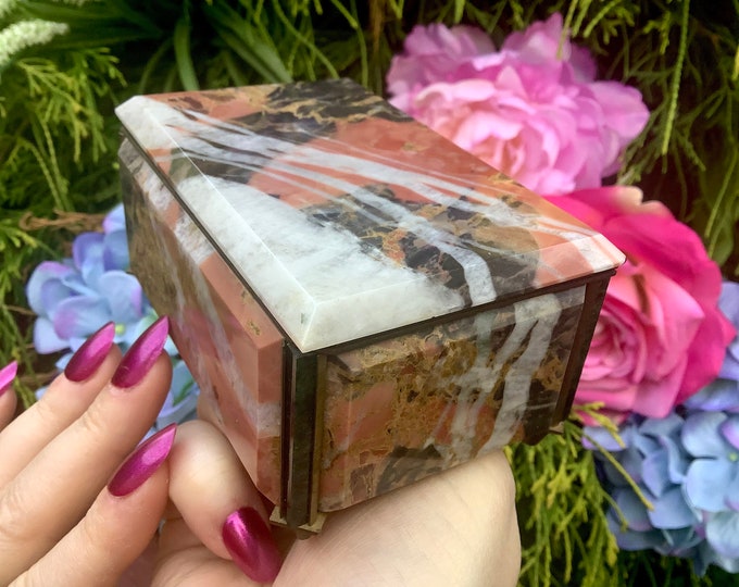 Rhodonite Crystal Jewelry Box ~ 4" Long ~ with Hinged Lid ~ Vintage Hand Crafted with Prehnite Inserts ~ Colorful Pink White & Black Color