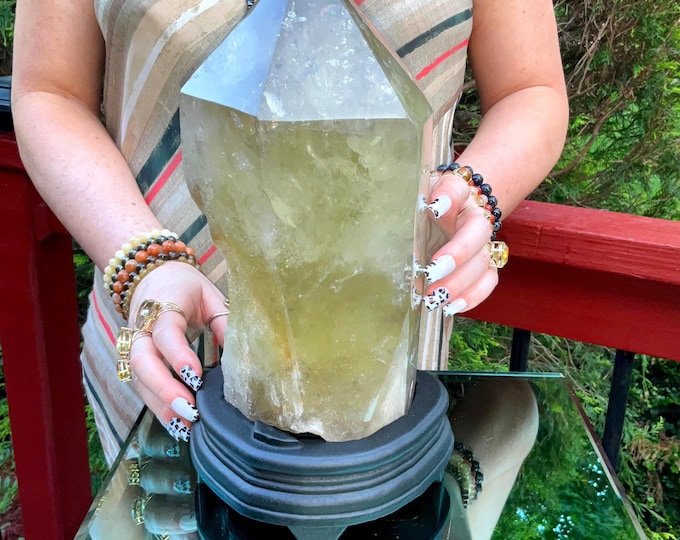 Clear Citrine Quartz Crystal Point ~ 12 Lb.  2 oz. ~ 11" Tall~ Sparkling Yellow with Golden Rainbow Inclusions ~ Custom Hand Carved Stand