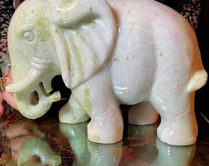 Tremolite Jade Elephant ~ Large 12 Lb. ~ 9" Long ~ Expertly Hand Carved Animal Totem Display Specimen ~ Sparkling Yellow Green Colors