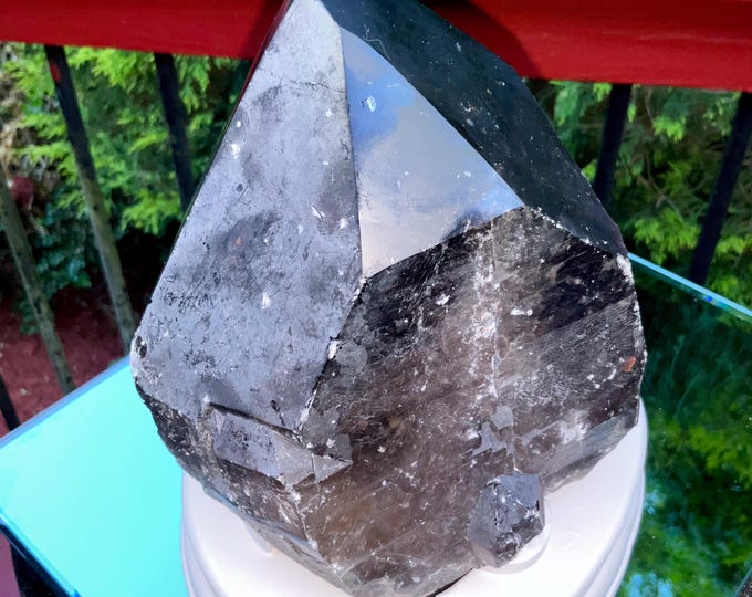 Black Morion Quartz Display Crystal 9 Lb. 9 oz.  Single-Terminated Point Cluster ~ 7" Tall ~Natural Black Color ~ Custom Hand Carved Stand