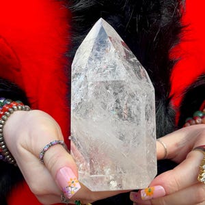 Brazilian Quartz Crystal Generator: Rainbow Inclusions, Metaphysical Decor, 5&quot; Tower