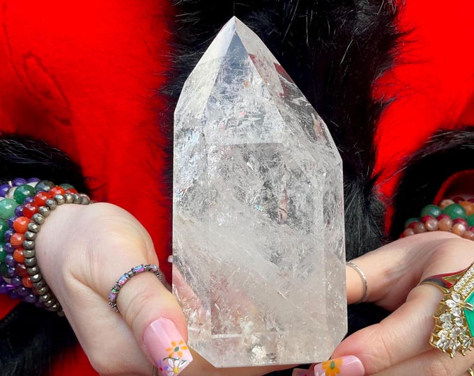 Ultra Clear Quartz Crystal Generator ~ Large 1 lb. ~ 5" Tall Tower ~ Sparkling Rainbow & Silver Inclusions ~ High Quality Metaphysical Decor