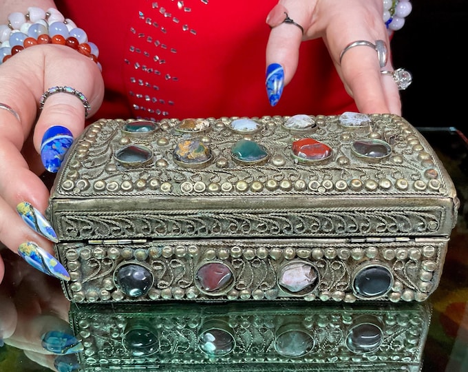 Vintage Agate Inlaid Moroccan Jewelry Box ~ 6" Long ~ Moorish Dome Top w/ Semi Precious Stones with Brass Filigree Handmade in Morocco