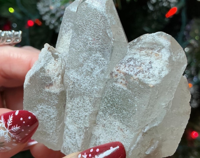 Clear Quartz Crystal Cluster ~ Natural Gem Cut Chisel Point ~ 2 1/2" Long ~ Big 4 oz. ~ Green Chlorite Inclusions, Silver phantoms