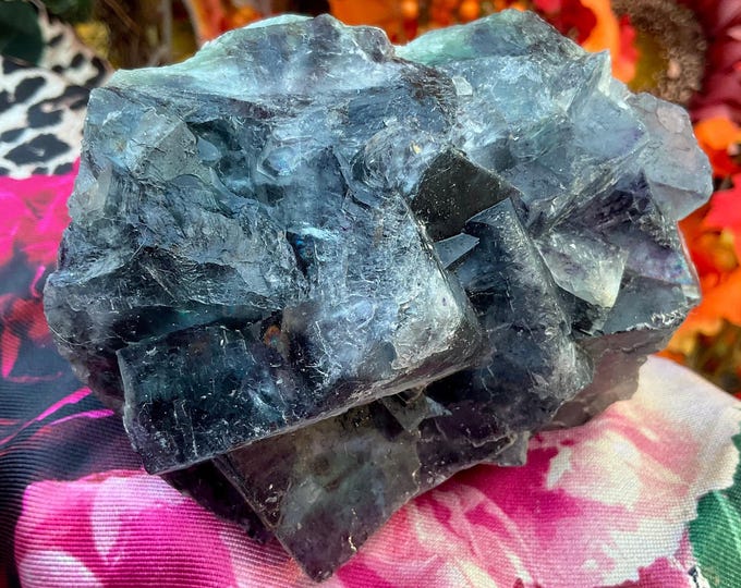 Blue Green & Purple Fluorite Crystal Cluster ~ Large 1 Lb. 10 oz. ~ 4“ Long ~ Sparkling Matrix ~ Sacred Geometry Formation ~ Fast Shipping