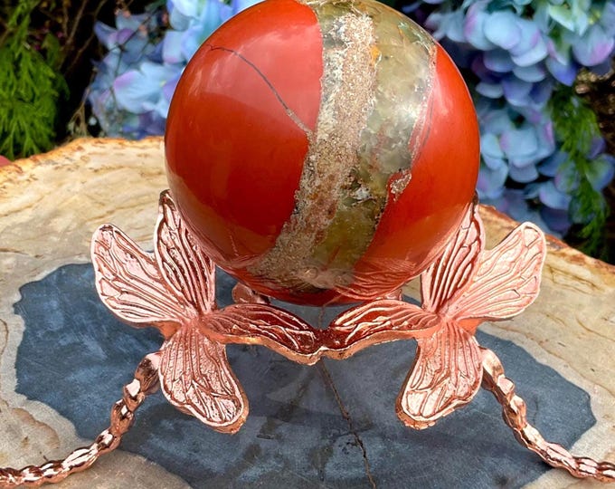 Red Jasper Crystal Ball ~ Large 1 Lb. 5 oz. ~ 3" Wide ~ Polished Sphere w/ Dragon Fly Copper Metal Stand ~ Red, White, Orange Pastel Colors