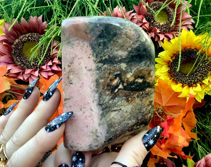 Rhodonite Free Form Crystal ~ Large 1 Lb. 11 oz. ~ 3 1/2" Tall ~ Self Standing Display, Heart Chakra Reiki Altar Display, Metaphysical Decor