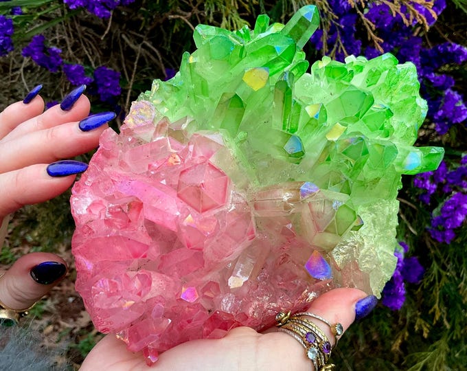 Pink and Green Aura Quartz Crystal Cluster ~ 2 Lb. 10 oz. ~ 7 1/2" Long ~ Heart Chakra Reiki Healing Altar Display ~ Metaphysical Home Decor