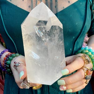 Large Clear Brazilian Quartz Crystal Generator Tower: Silver Inclusions, Rainbows