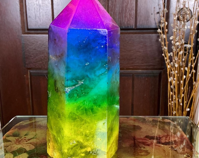 Rainbow Aura Fluorite Crystal Generator ~ Large 5 Lb. 8 oz. ~ 8" Tall Tower ~ Swirling Purple Green & Yellow Colors