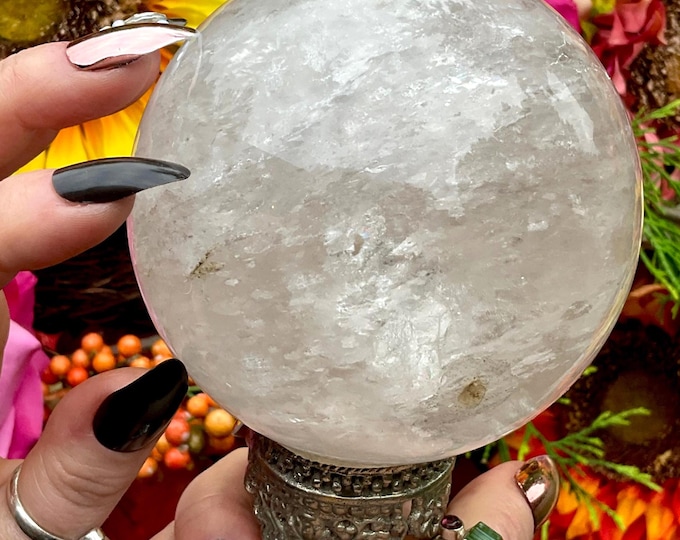 Clear Quartz Crystal Ball ~ w/ Ornate Decorative Display Stand ~ Large 2 Lb. 7 oz ~ 3 1/2" Wide ~ Fast & Free Shipping USA + Global Shipping