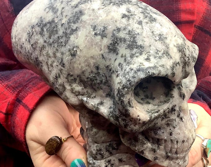 Lepidolite Crystal Alien Skull ~ Large 4 Lb. 5 oz. ~ 7" Long ~ One-of-a-Kind Detailed Carving ~ Purple & Sparkling Silver Mica Colors