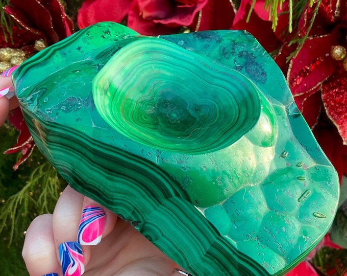 Malachite Crystal Jewelry Bowl ~ 2 Lb. 14 oz. ~ 6" Long ~ Beautiful Vintage Green, Colorful Swirling Bulls Eye Patterns