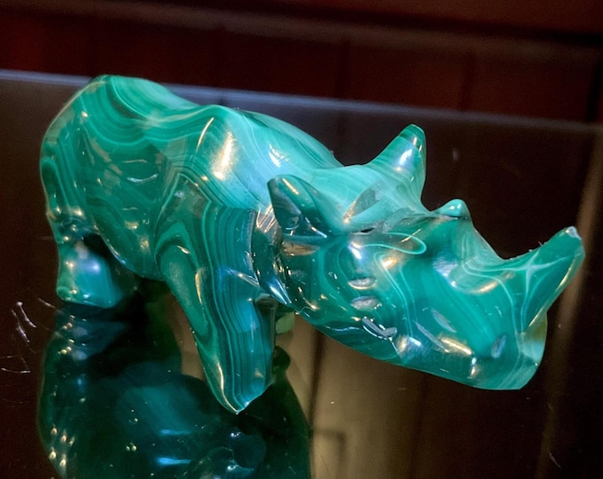 Malachite Crystal Rhinoceros Carving ~3 oz. ~ 3" Long ~ Hand Carved & Polished from Africa Congo ~ Altar, Reiki Display