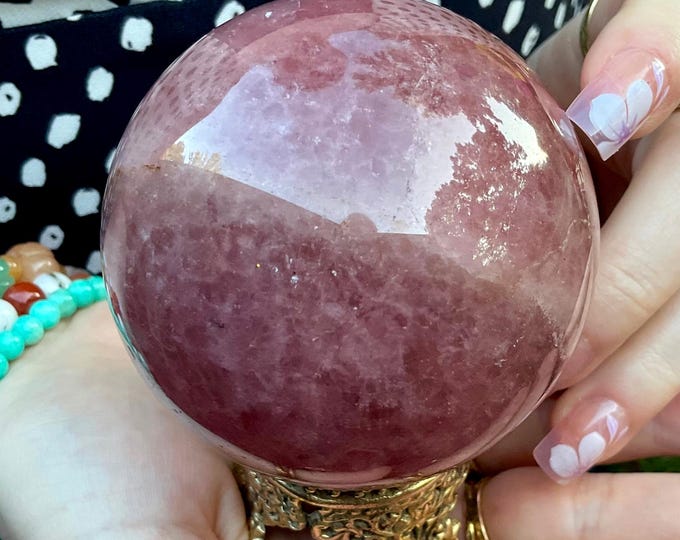Strawberry Quartz Crystal Ball ~ w/ Ornate Decorative Display Stand ~ 1 Lb. 3 oz ~ 3 1/2" Wide ~ Fast & Free Shipping, USA + Global Shipping