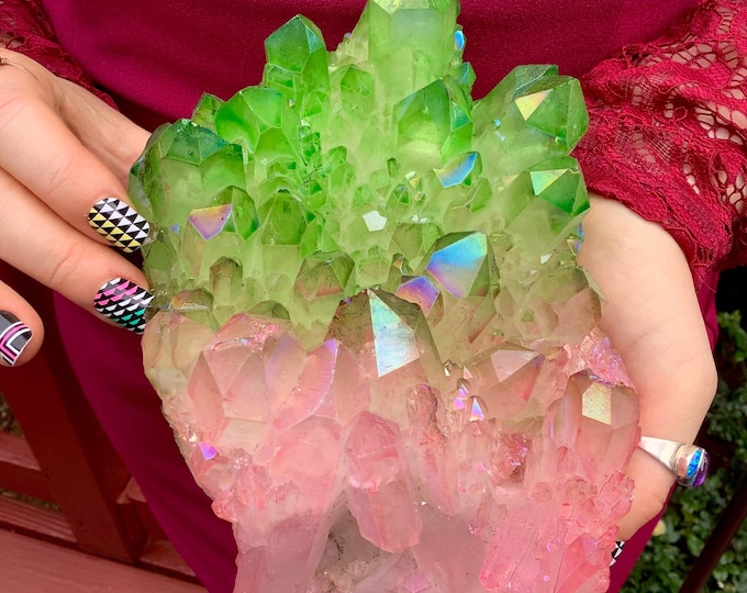 Electric Pink & Green Aura Quartz Crystal Cluster ~ Large 3 Lb. 15 oz. ~ 7" Long ~ Rainbow Iridescent Sparkly Points ~ Fast, Free Shipping