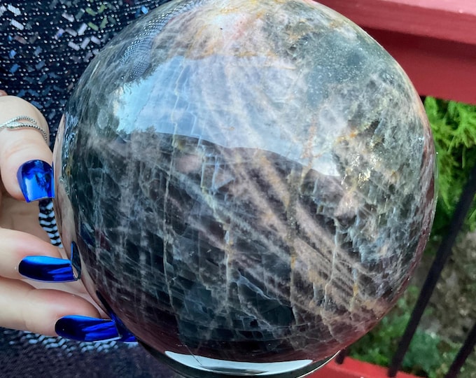 Black Moonstone Crystal Ball ~ Large 6 Lb. Sphere ~ 5" Wide ~ Storm Cloud Grey & Peach Colors ~ Flashing Inclusions ~ Reiki, Altar Display
