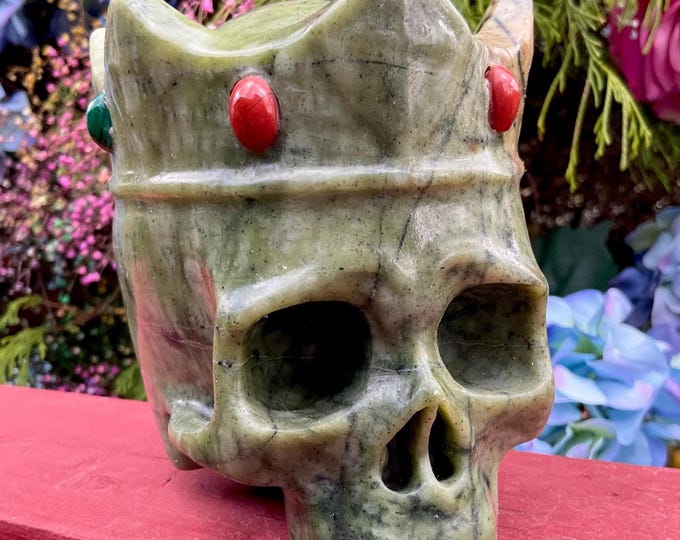 Jade Queen Crystal Skull Large 4 Lb. 13 oz.~ Swirling Colorful Green Colors ~ 5" Long ~ Expertly Hand Carved Sculpture