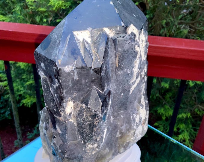 Black Morion Quartz Display Crystal 9 Lb. 5 oz.  Single-Terminated Point Cluster ~ 10" Tall ~Natural Black Color ~ Custom Hand Carved Stand