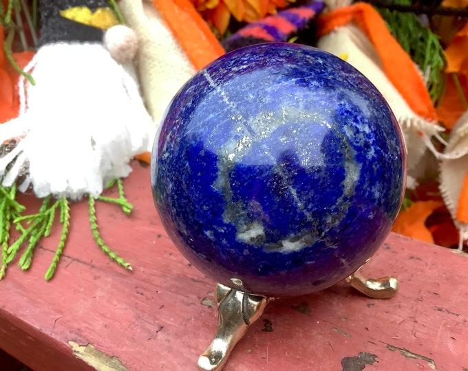 Lapis Lazuli Crystal Ball ~ Large 14 oz.  2 1/2" Wide ~ Sparkling Deep Blue Polished Sphere ~ Free Display Stand ~ Reiki, Altar, Meditation