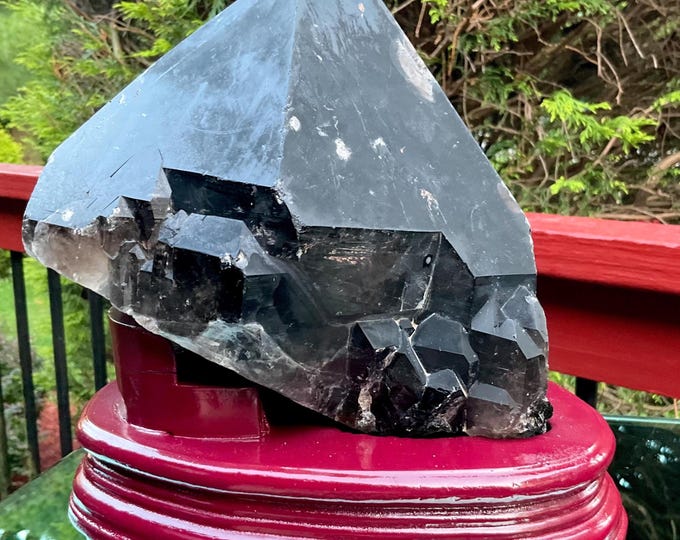 Black Morion Quartz Display Crystal 12 Lb. 14 oz.  Single-Terminated Point Cluster ~ 7" Tall ~Natural Black Color ~ Custom Hand Carved Stand