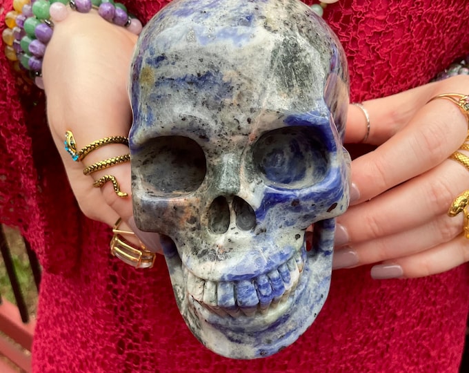 Sodalite Crystal Skull ~ Large 2 Lb. 13 oz. ~ 5" Long ~ Hand Crafted Sparkling Blue & White Sculpture ~ Reiki Display ~ Fast Shipping U.S.A