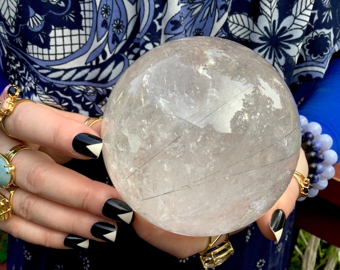 Clear Quartz Crystal Ball ~ 2 Lb. 15 oz. ~ 4" Wide ~ Ultra Sparkling Sphere ~ Black Tourmaline Inclusions ~ Home Decor ~ Fast Free Shipping